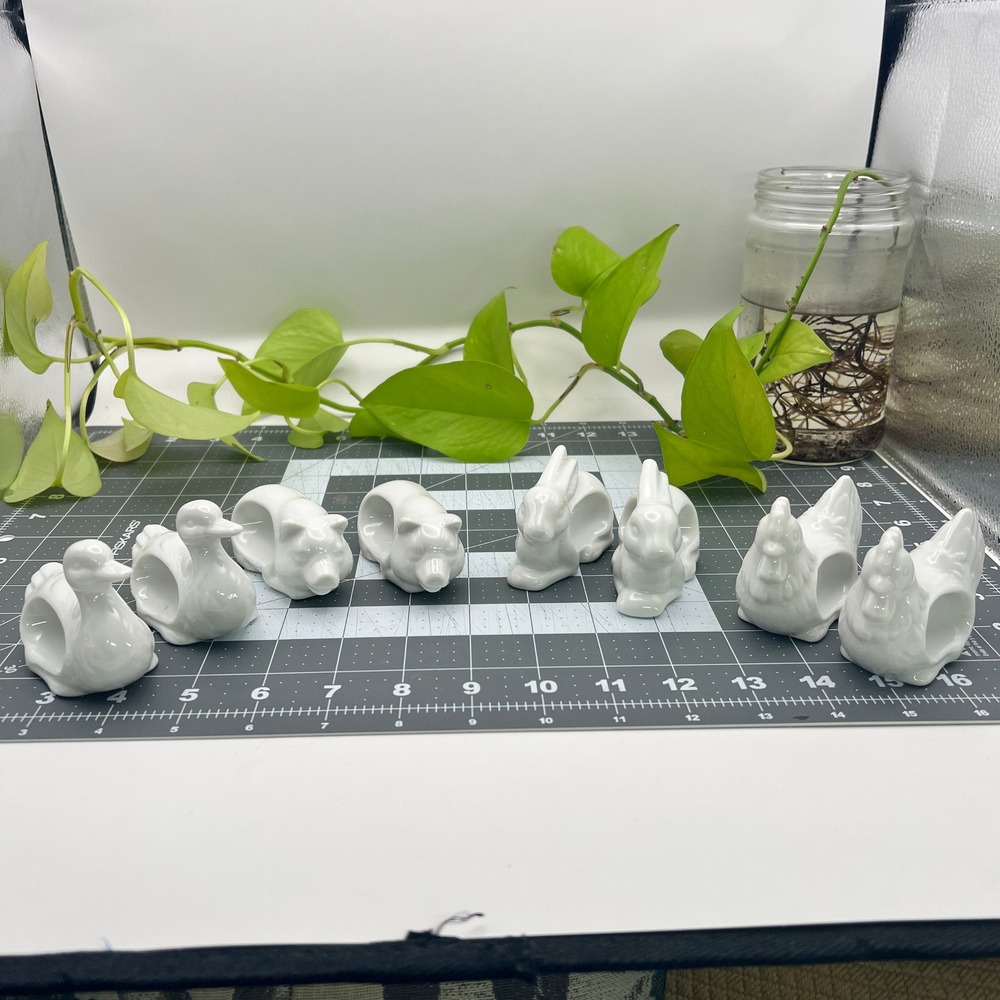Vintage White Ceramic Animal Napkin Rings Set of 8 Japan Duck Pig Rabbit Chicken